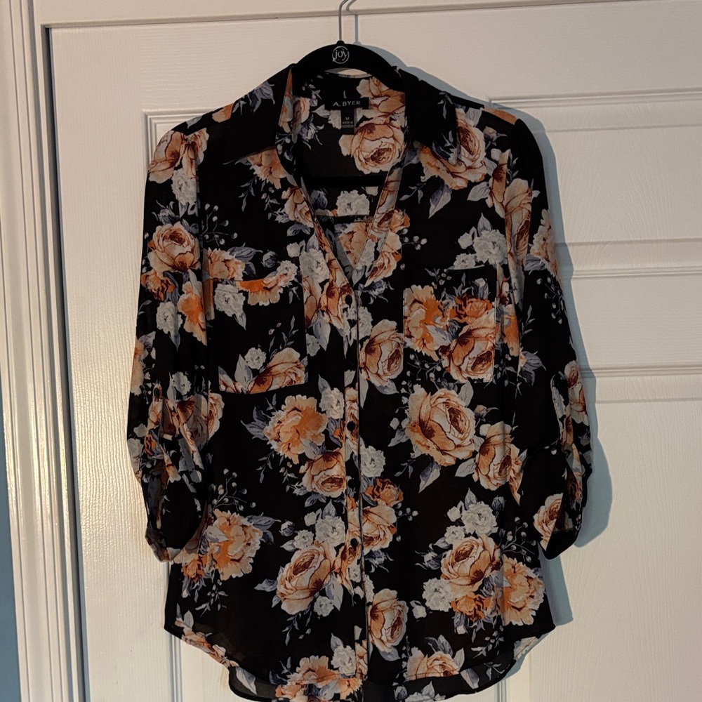 A. Byer Black Blouse with Orange and Cream Floral Pattern